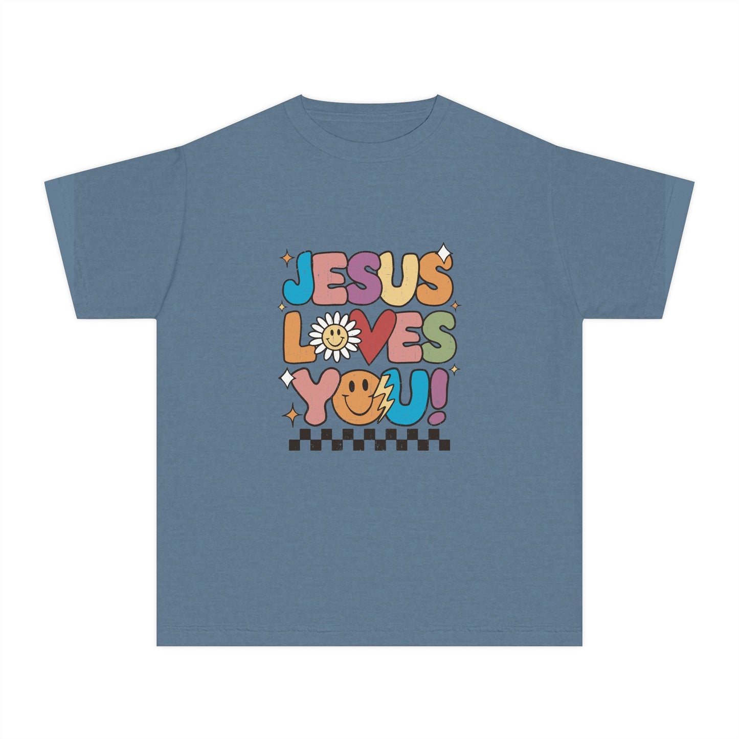 Youth Tee — "Jesus Loves You" Retro Rainbow Daisy Kids Shirt
