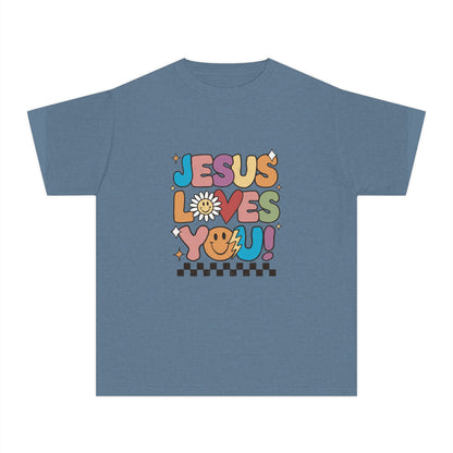 Youth Tee — "Jesus Loves You" Retro Rainbow Daisy Kids Shirt