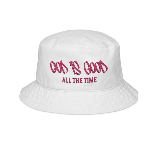 Embroidered Bucket Hat — "God Is Good All The Time" Pink Script