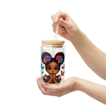 16oz Sipper Glass - Cute Afro Girl with Flowers & Butterflies