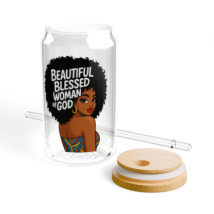 Beautiful Blessed Woman of God Sipper Glass – 16oz Inspirational Drink Jar