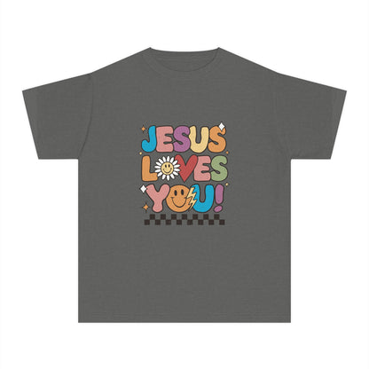 Youth Tee — "Jesus Loves You" Retro Rainbow Daisy Kids Shirt