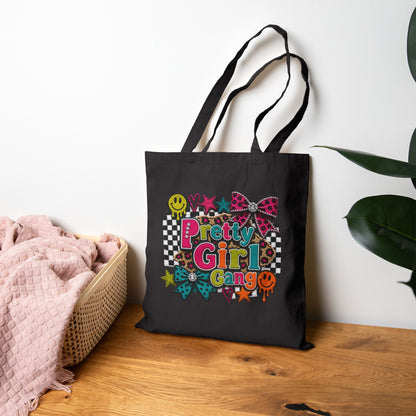 Pretty Girl Gang Canvas Tote — Retro Checkerboard, Smiley & Bow Graphic Tote Bag
