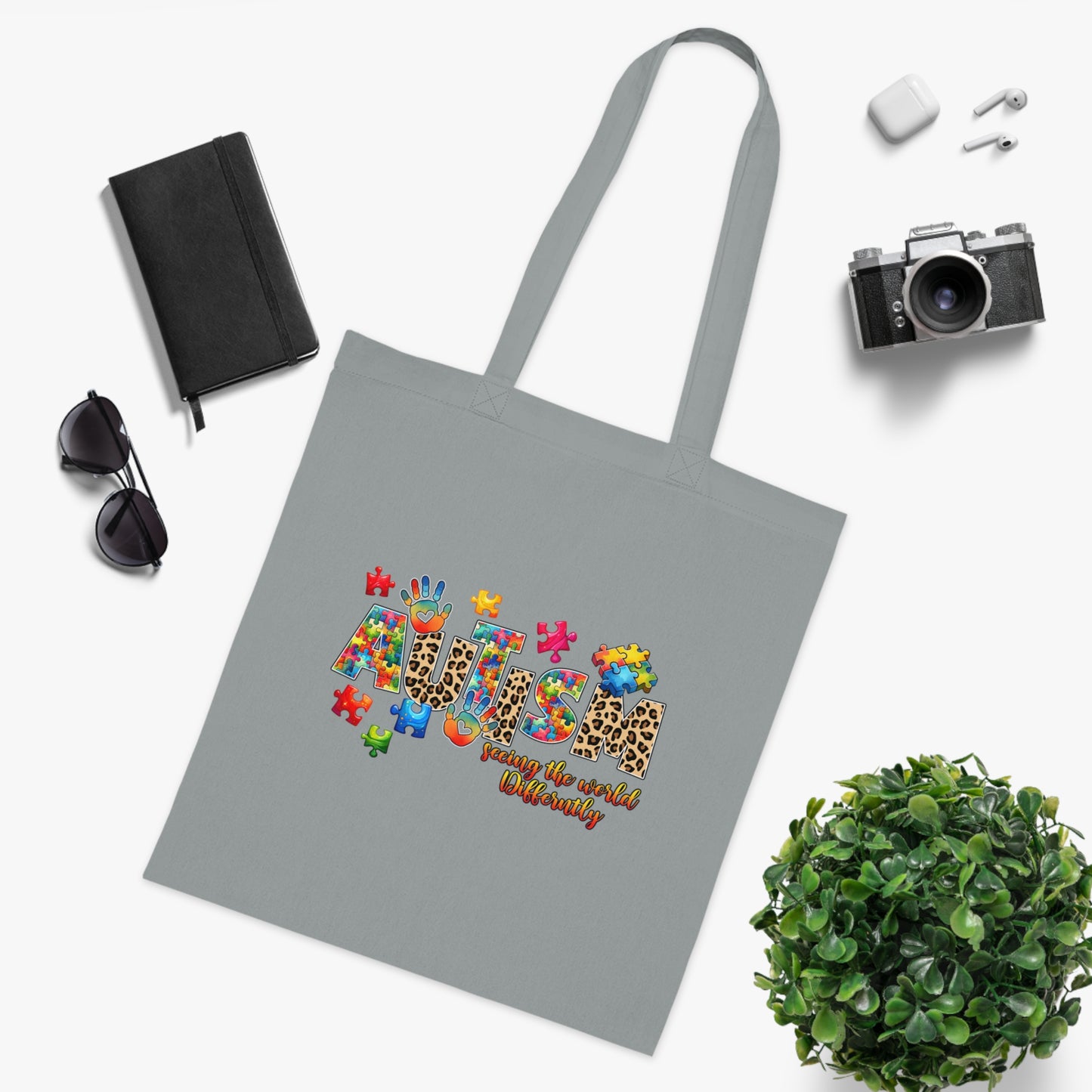 Autism Awareness Cotton Tote — "Autism: Different Not Less" Puzzle-Print Eco Bag