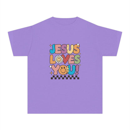 Youth Tee — "Jesus Loves You" Retro Rainbow Daisy Kids Shirt