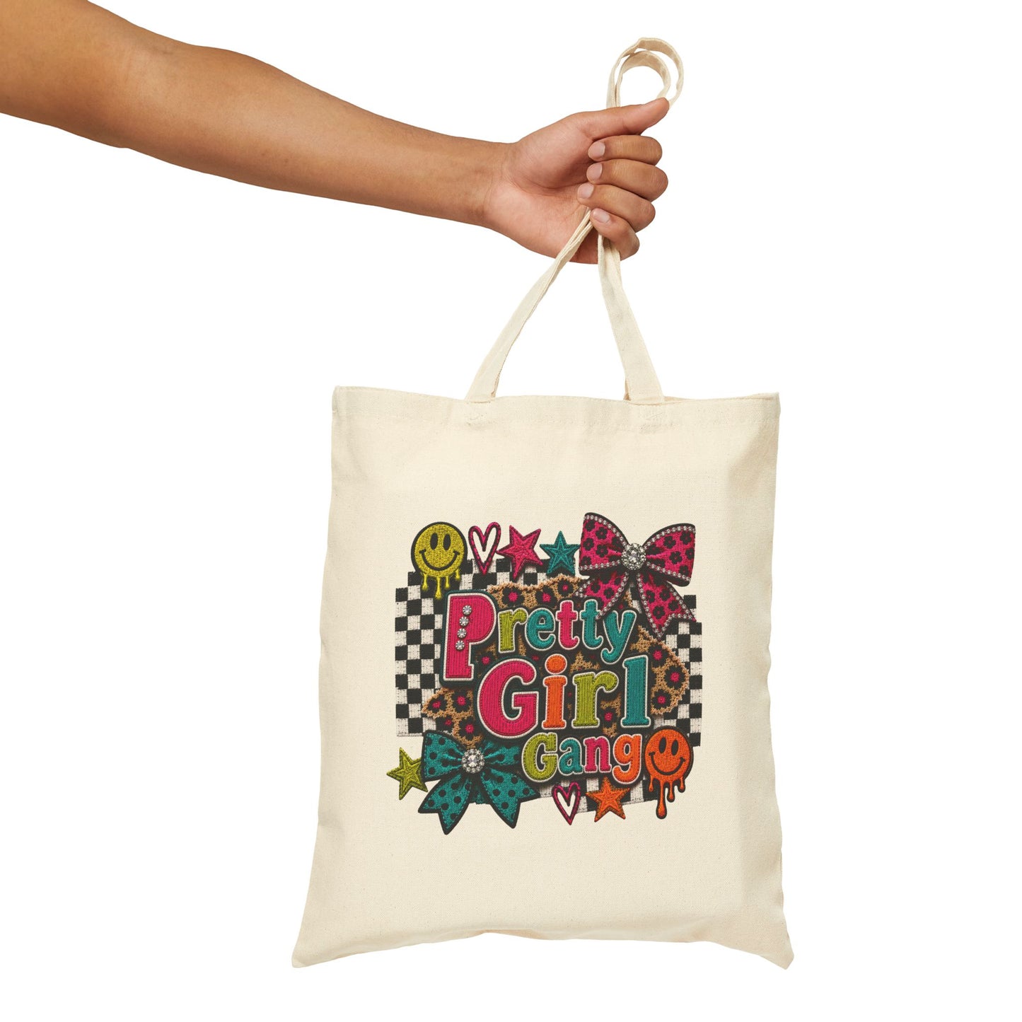 Pretty Girl Gang Canvas Tote — Retro Checkerboard, Smiley & Bow Graphic Tote Bag