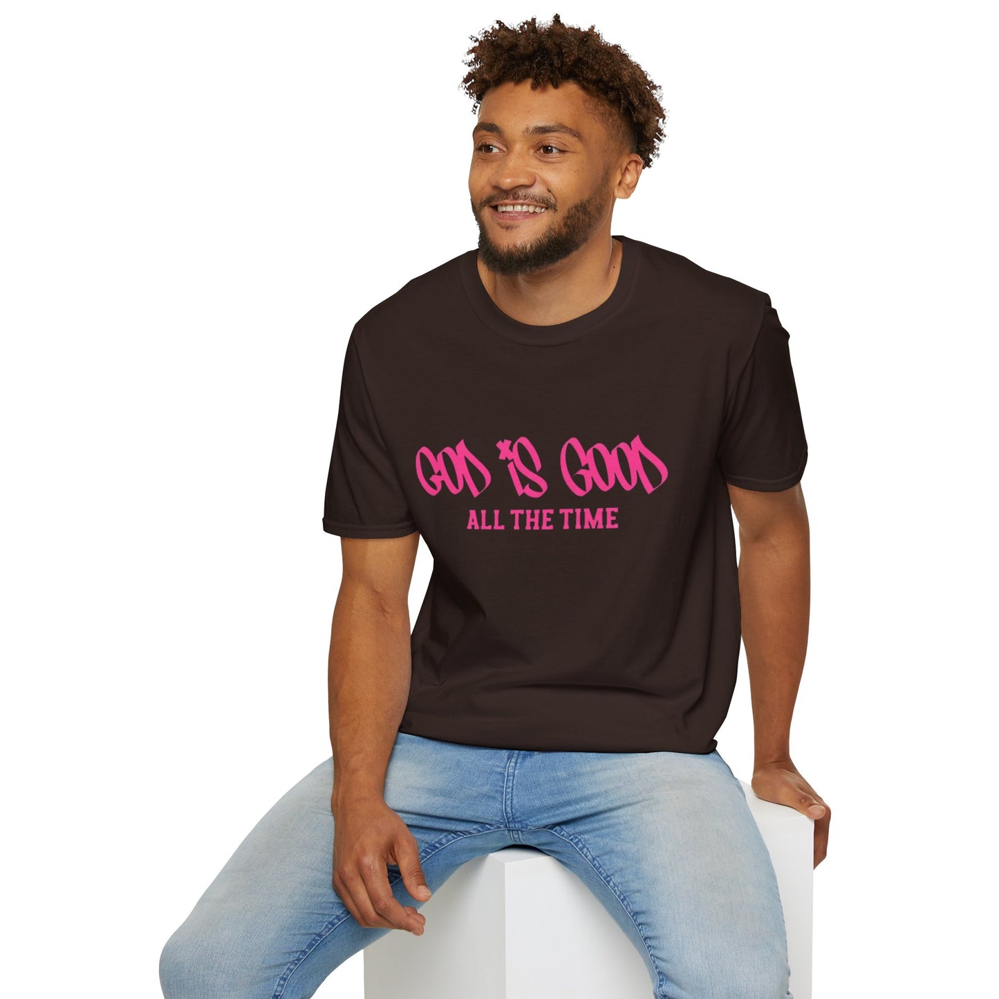 God Is Good All The Time T-Shirt — Faith-Based Christian Tee (Pink Script)