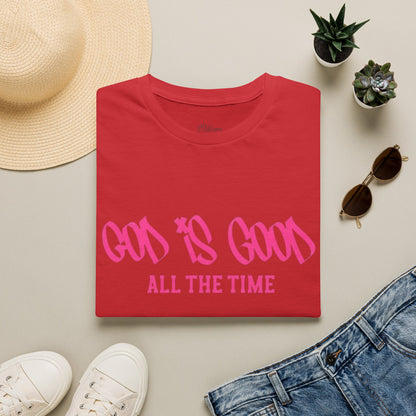 God Is Good All The Time T-Shirt — Faith-Based Christian Tee (Pink Script)