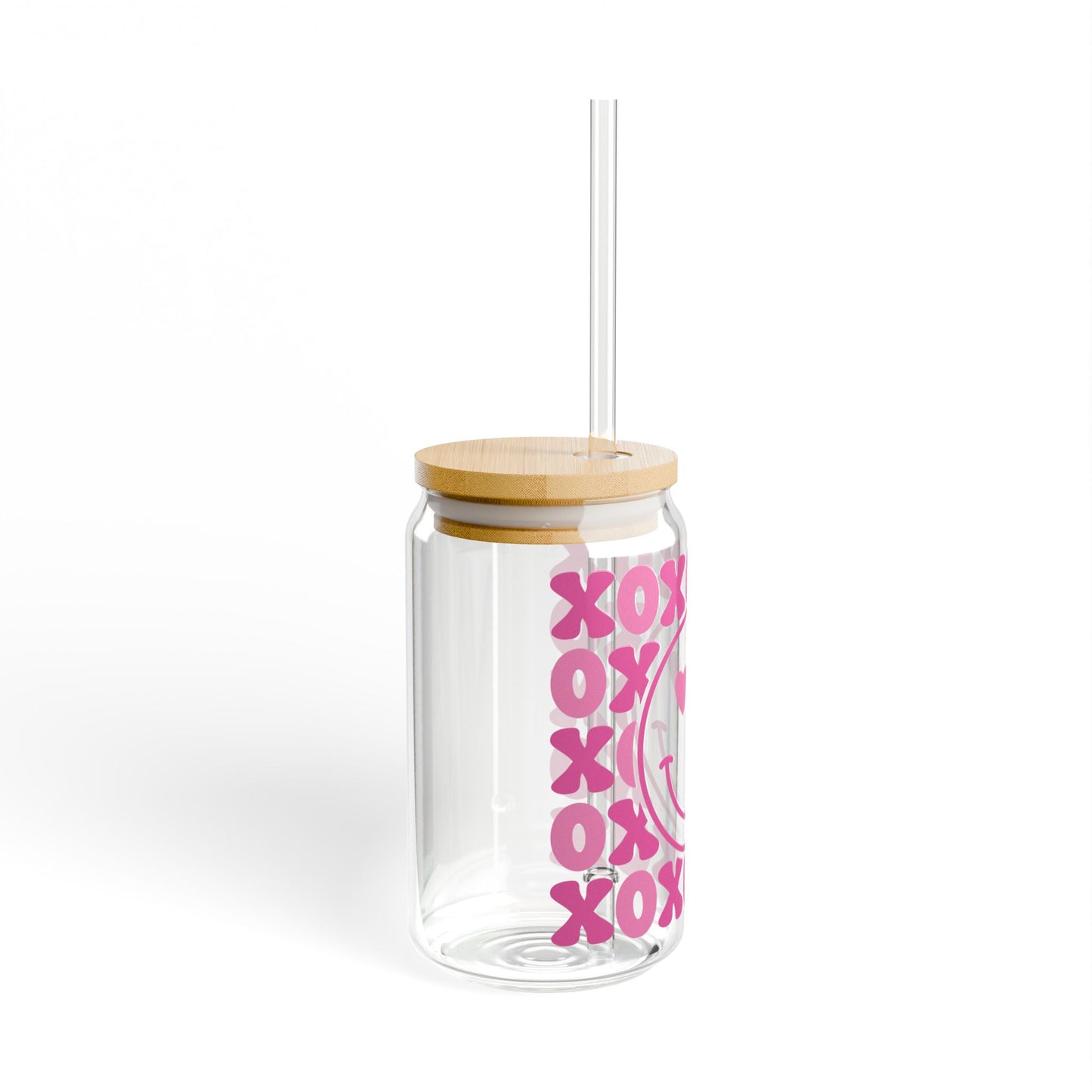 Sipper Glass — Pink XOXO Heart-Eyes Smile Canister (16oz)