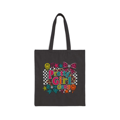 Pretty Girl Gang Canvas Tote — Retro Checkerboard, Smiley & Bow Graphic Tote Bag