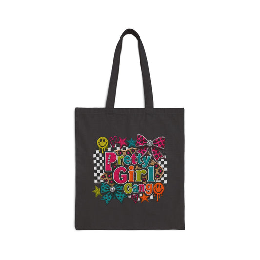 Pretty Girl Gang Canvas Tote — Retro Checkerboard, Smiley & Bow Graphic Tote Bag