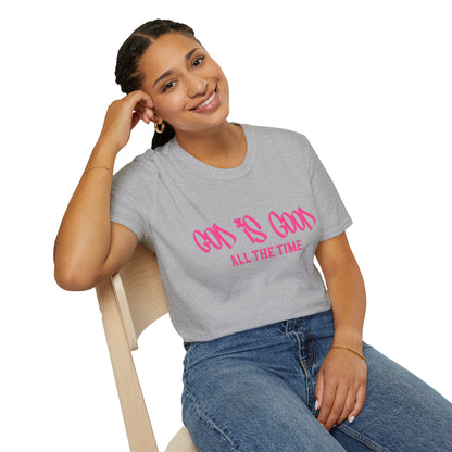 God Is Good All The Time T-Shirt — Faith-Based Christian Tee (Pink Script)
