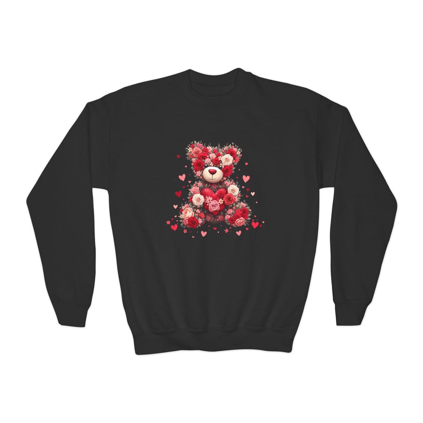 Youth Crewneck Sweatshirt — Floral Heart Teddy Bear Valentine Design