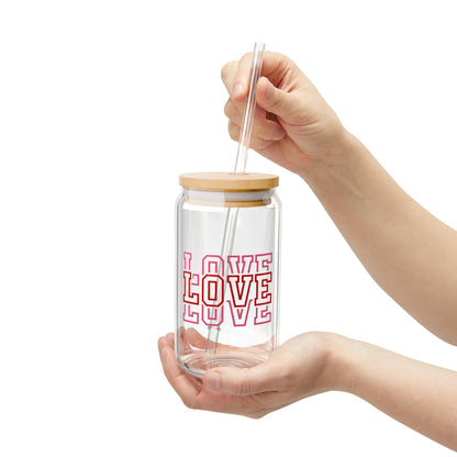 Love Pattern Sipper Glass — 16oz Clear Tumbler with Bamboo Lid & Straw