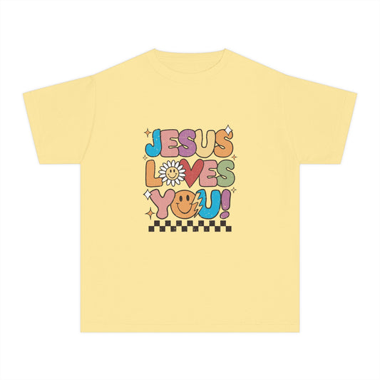 Youth Tee — "Jesus Loves You" Retro Rainbow Daisy Kids Shirt