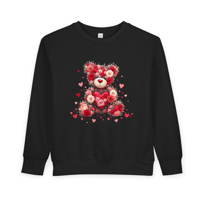 Toddler Sweatshirt — Floral Heart Teddy Bear Valentine Pullover