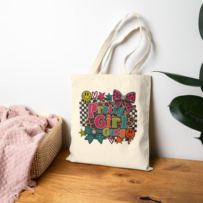 Pretty Girl Gang Canvas Tote — Retro Checkerboard, Smiley & Bow Graphic Tote Bag