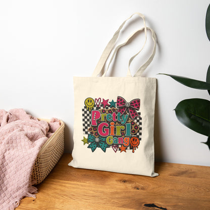 Pretty Girl Gang Canvas Tote — Retro Checkerboard, Smiley & Bow Graphic Tote Bag