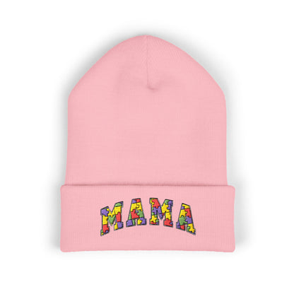 Mama Floral Embroidered Cuffed Beanie — Cozy Knit Mom Hat