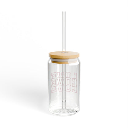 Love Pattern Sipper Glass — 16oz Clear Tumbler with Bamboo Lid & Straw