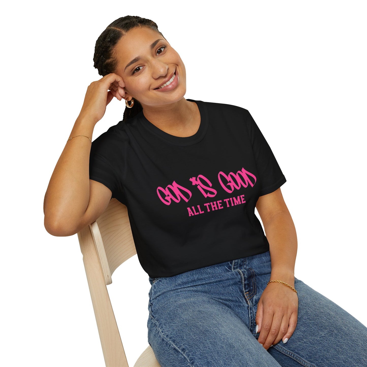God Is Good All The Time T-Shirt — Faith-Based Christian Tee (Pink Script)