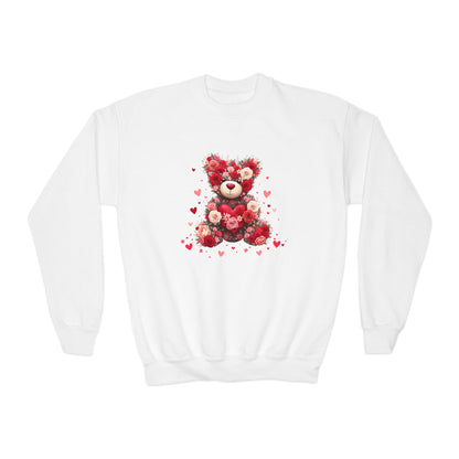 Youth Crewneck Sweatshirt — Floral Heart Teddy Bear Valentine Design