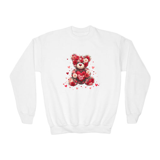 Youth Crewneck Sweatshirt — Floral Heart Teddy Bear Valentine Design