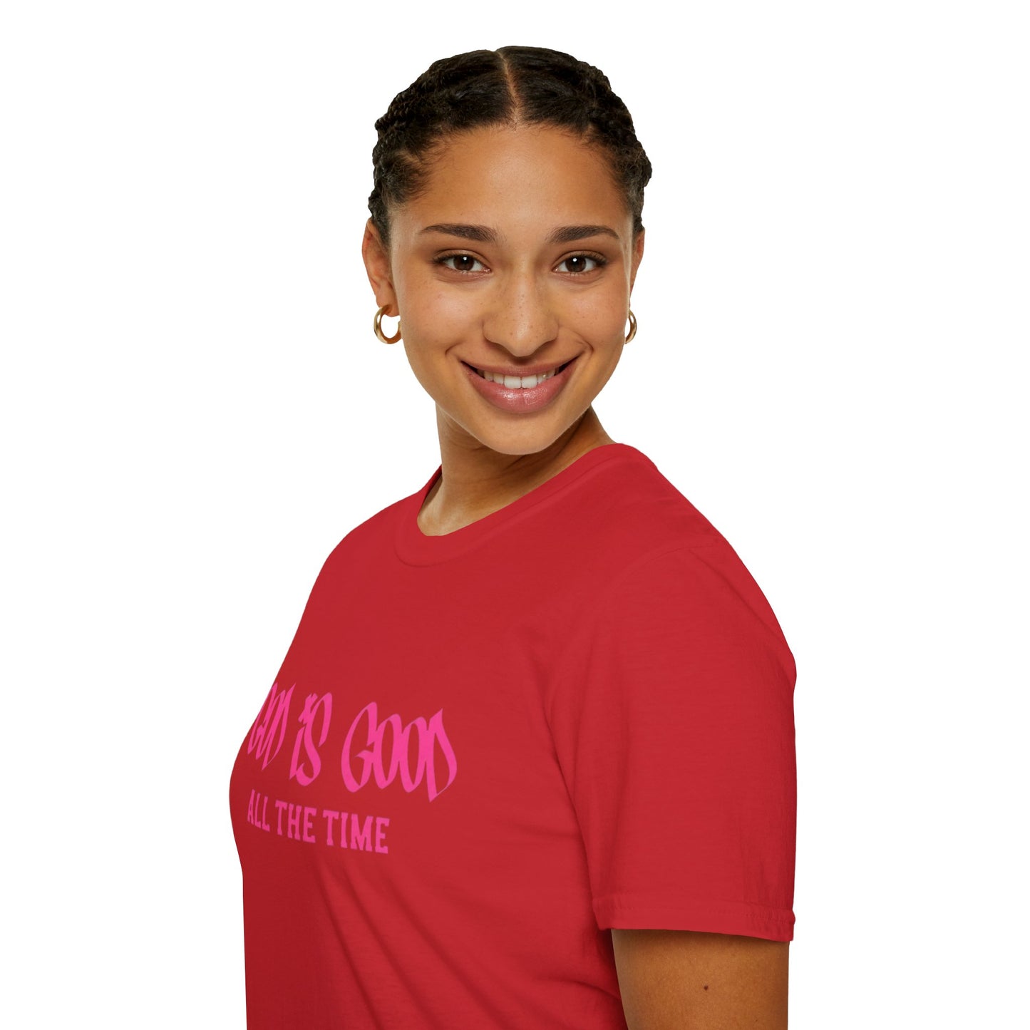God Is Good All The Time T-Shirt — Faith-Based Christian Tee (Pink Script)