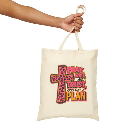 Faith Tote Bag - "Pray, Wait, Trust, God Has a Plan" Leopard Cross Canvas Tote