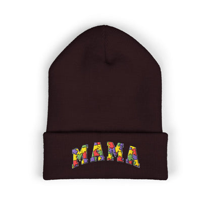 Mama Floral Embroidered Cuffed Beanie — Cozy Knit Mom Hat