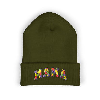 Mama Floral Embroidered Cuffed Beanie — Cozy Knit Mom Hat
