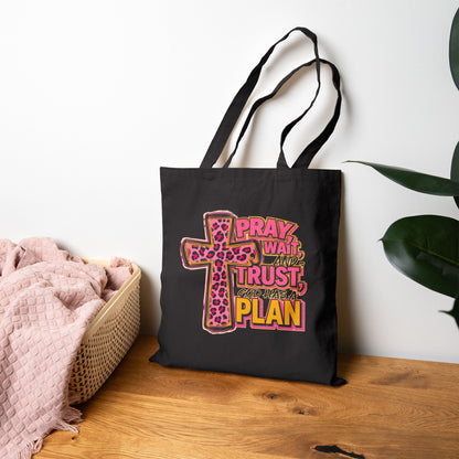 Faith Tote Bag - "Pray, Wait, Trust, God Has a Plan" Leopard Cross Canvas Tote