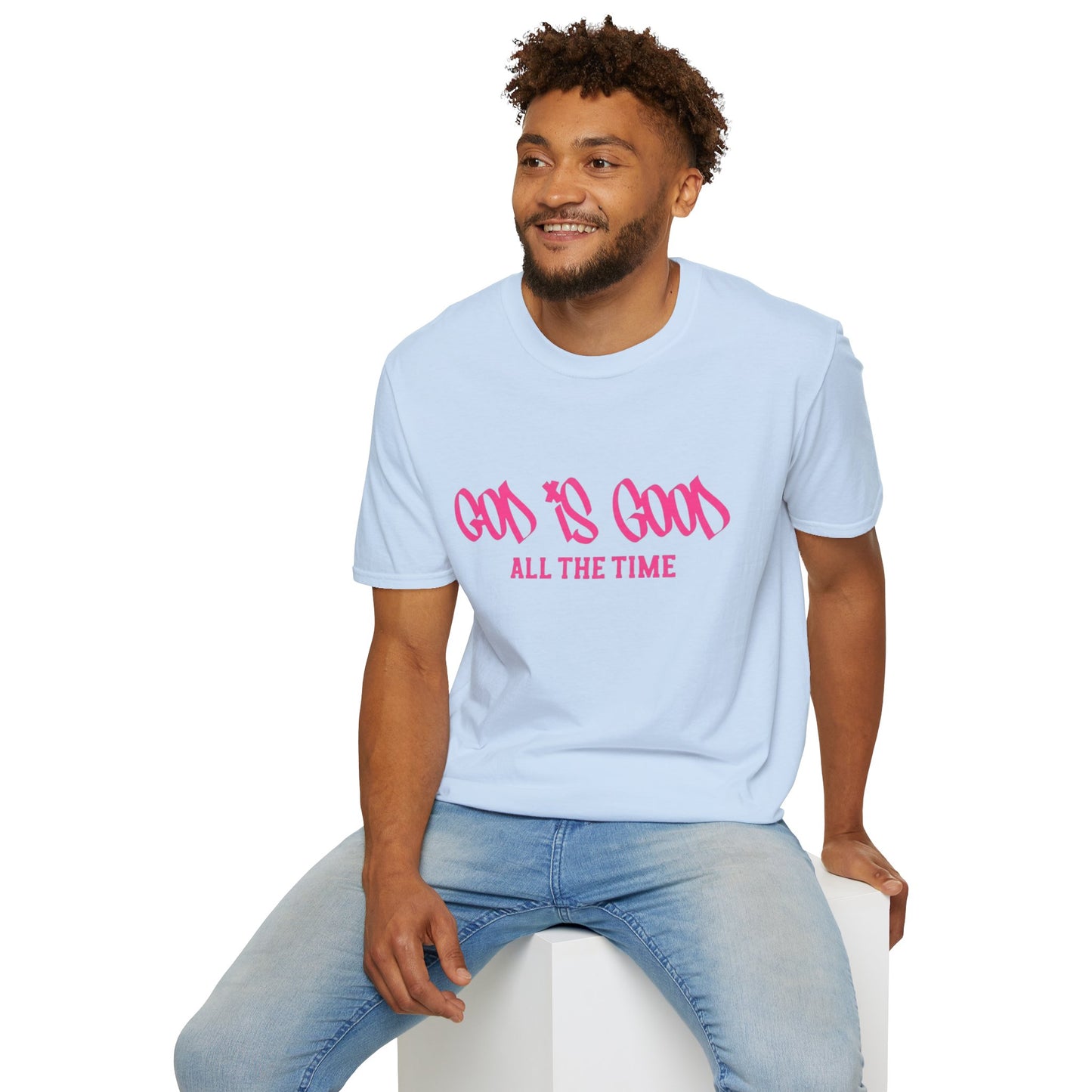 God Is Good All The Time T-Shirt — Faith-Based Christian Tee (Pink Script)