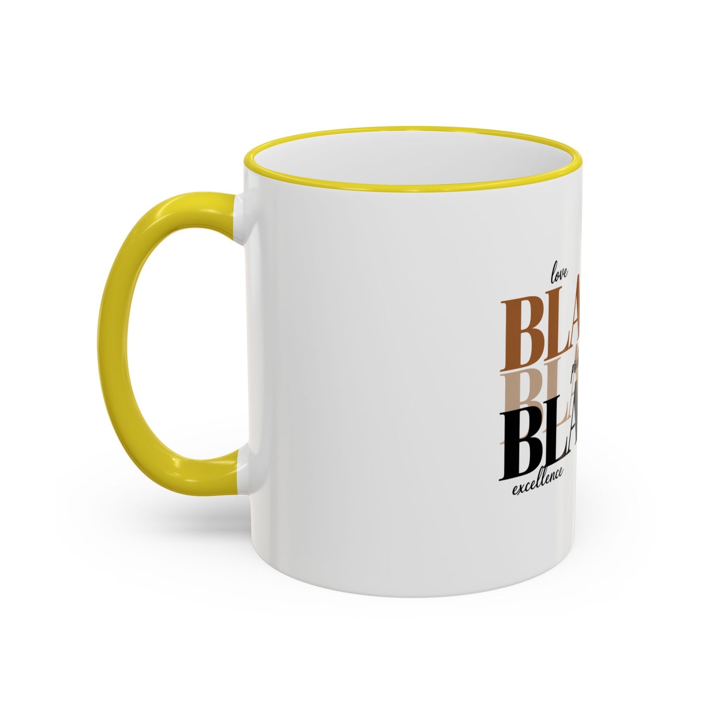 Black Pride Accent Rim Mug – "Black" Typography with Love • Joy • Excellence • History (11oz/15oz)