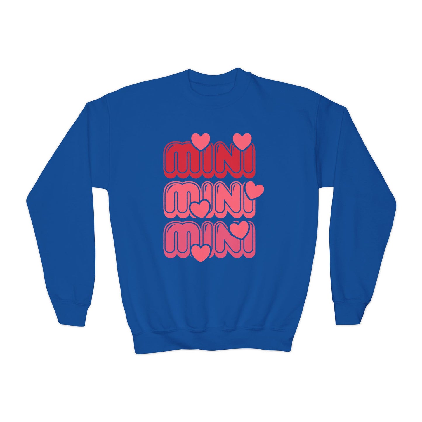 Youth Crewneck Sweatshirt — "Mini Mini Mini" Pink Heart Retro Graphic
