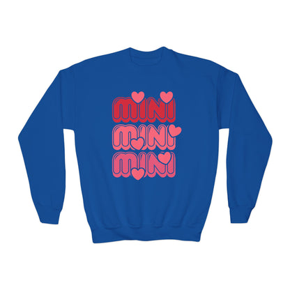 Youth Crewneck Sweatshirt — "Mini Mini Mini" Pink Heart Retro Graphic