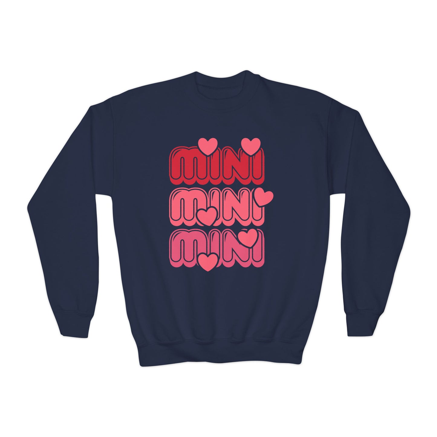 Youth Crewneck Sweatshirt — "Mini Mini Mini" Pink Heart Retro Graphic