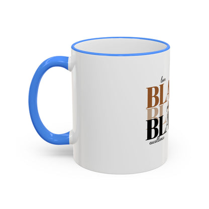 Black Pride Accent Rim Mug – "Black" Typography with Love • Joy • Excellence • History (11oz/15oz)