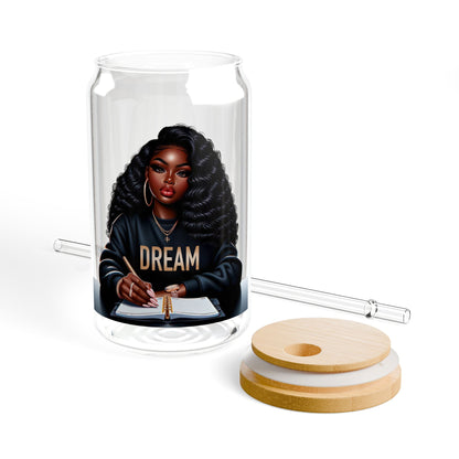 16oz Glass Sipper Tumbler — 'Dream' Bamboo Lid & Straw ( can personalize)