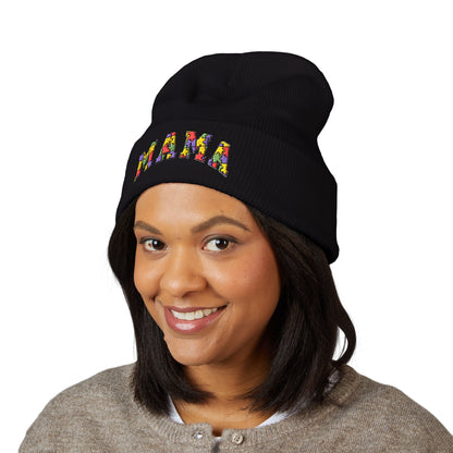 Mama Floral Embroidered Cuffed Beanie — Cozy Knit Mom Hat