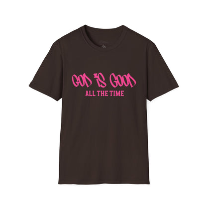 God Is Good All The Time T-Shirt — Faith-Based Christian Tee (Pink Script)