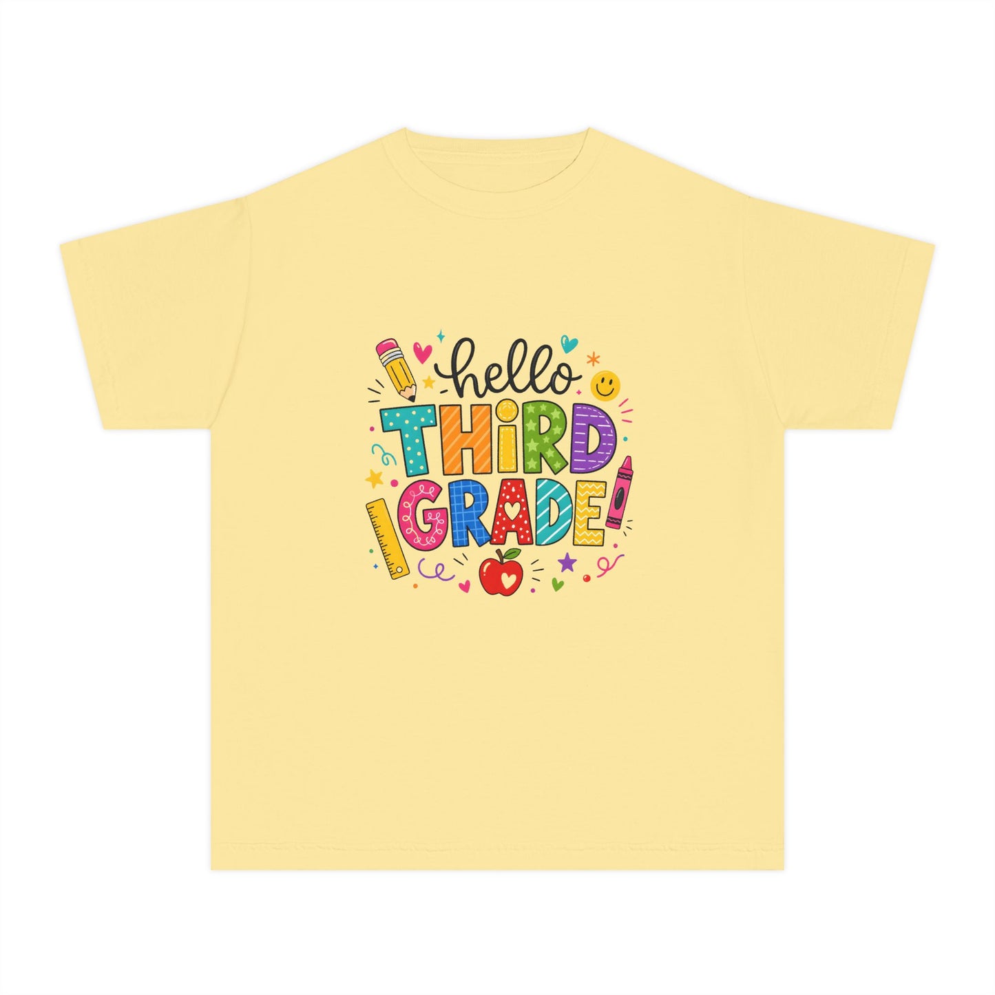 Hello Third Grade Youth Tee — Back-to-School Colorful Kids Shirt
