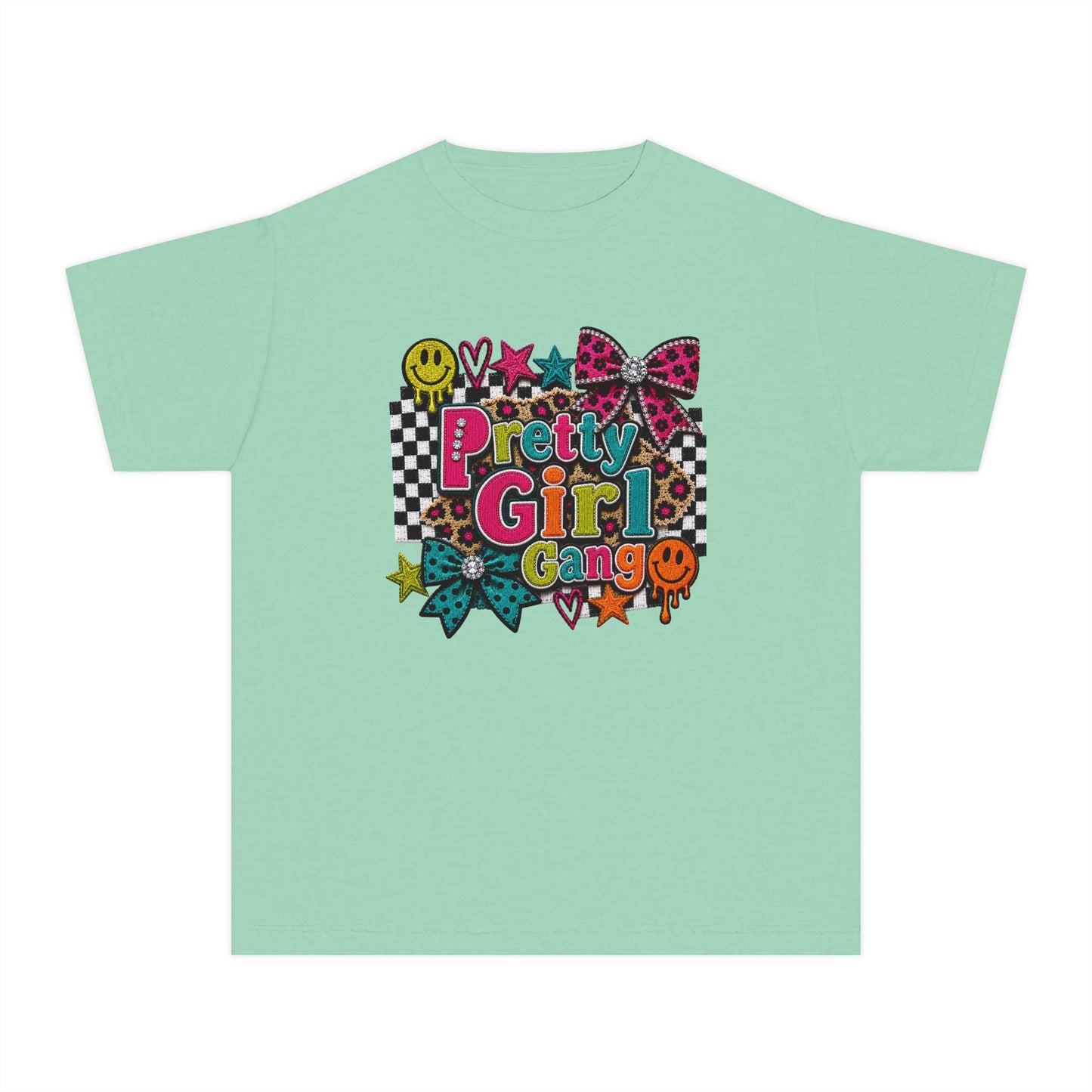Pretty Girl Gang Youth Tee - Colorful Bow & Checkerboard Graphic Shirt
