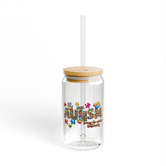 16oz Sipper Glass - 'Mama' Floral Leopard Print Tumbler with Bamboo Lid & Straw