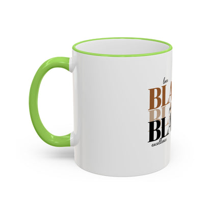 Black Pride Accent Rim Mug – "Black" Typography with Love • Joy • Excellence • History (11oz/15oz)