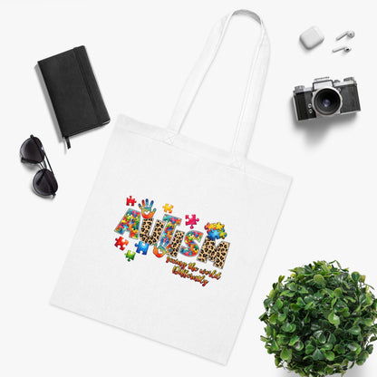 Autism Awareness Cotton Tote — "Autism: Different Not Less" Puzzle-Print Eco Bag
