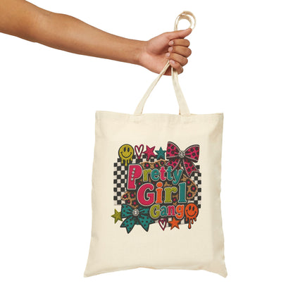 Pretty Girl Gang Canvas Tote — Retro Checkerboard, Smiley & Bow Graphic Tote Bag