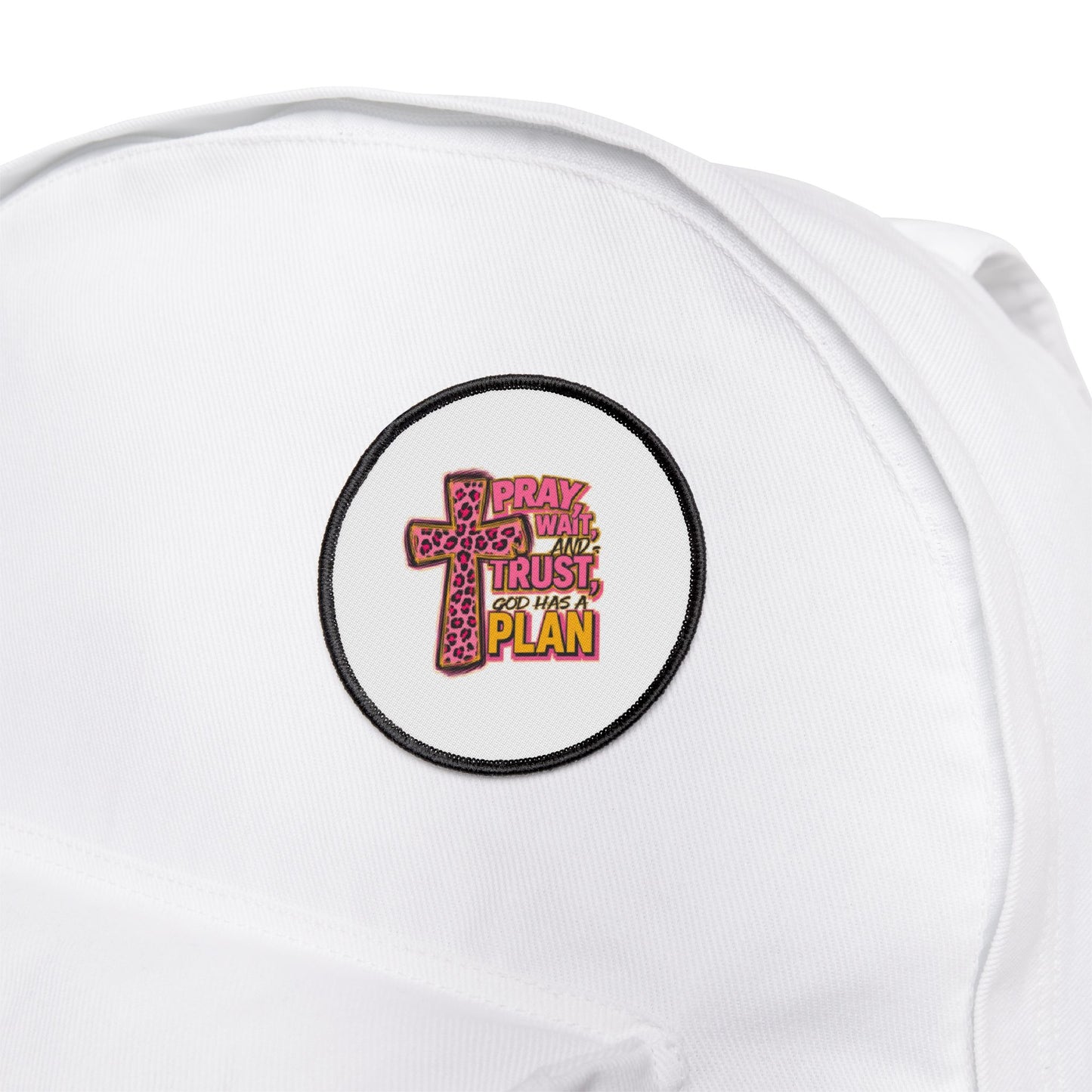 Iron-On Patch – 'Pray, Trust, Plan' Cross Patch (Faith-Inspired Patch)