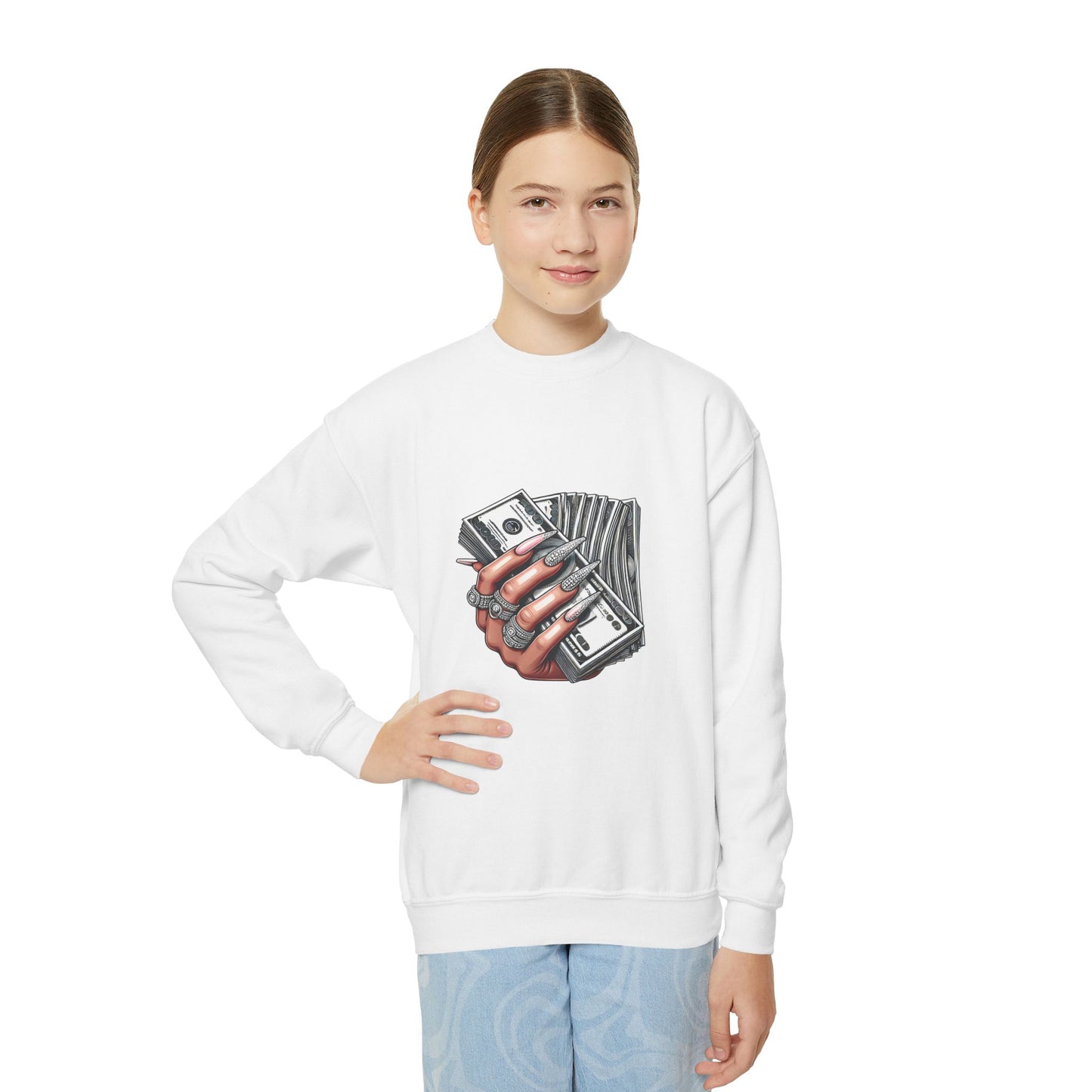Youth Crewneck Sweatshirt — Graphic Money Hand Print