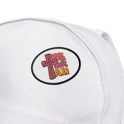 Iron-On Patch – 'Pray, Trust, Plan' Cross Patch (Faith-Inspired Patch)